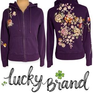 Rare vintage y2k Lucky Brand purple floral embroidered zip-up hoodie Size Medium